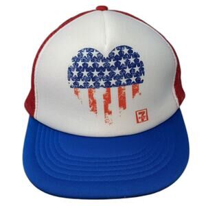 7-Eleven Trucker Hat White Red American Flag Heart Snapback OS Mesh Adjustable